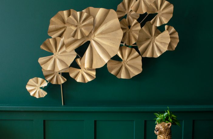 Lily pad leaf wall art, £136, and leopard vase, £55, Audenza, www.audenza.com