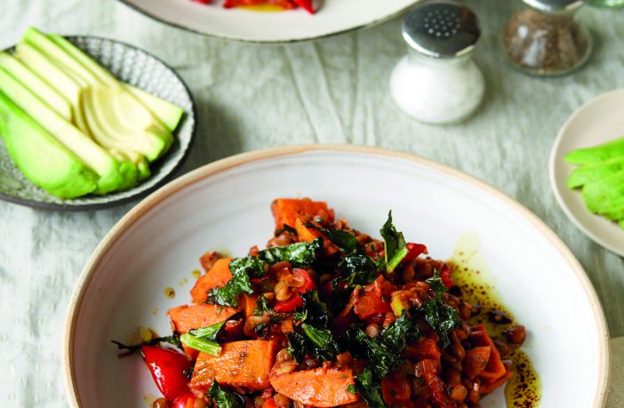 Harissa sweet potato and lentil stew, balsamic dressing and avocado