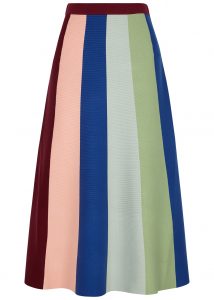Striped stretch midi skirt, £235, Victoria, Victoria Beckham at Harvey Nichols. 