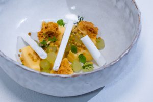Inspired by John Spilsbury who created the first jigsaw puzzle in 1762, The Jigsaw consists of lemon parfait, honeycomb, compressed cucumber and dill.